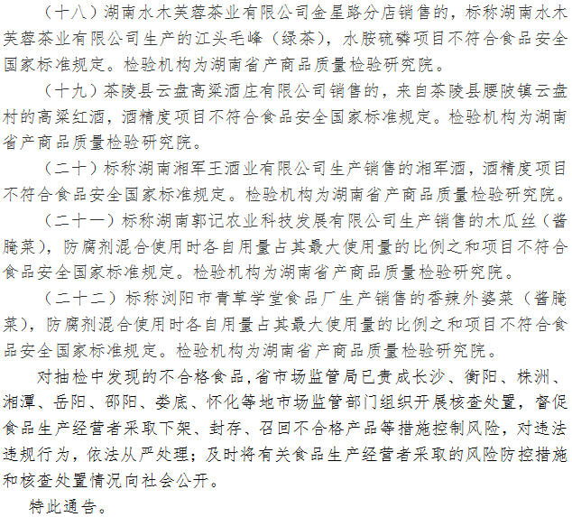 湖南省市場(chǎng)監(jiān)督管理局關(guān)于319批次食品安全抽樣檢驗(yàn)情況的通告（2021年第25期）